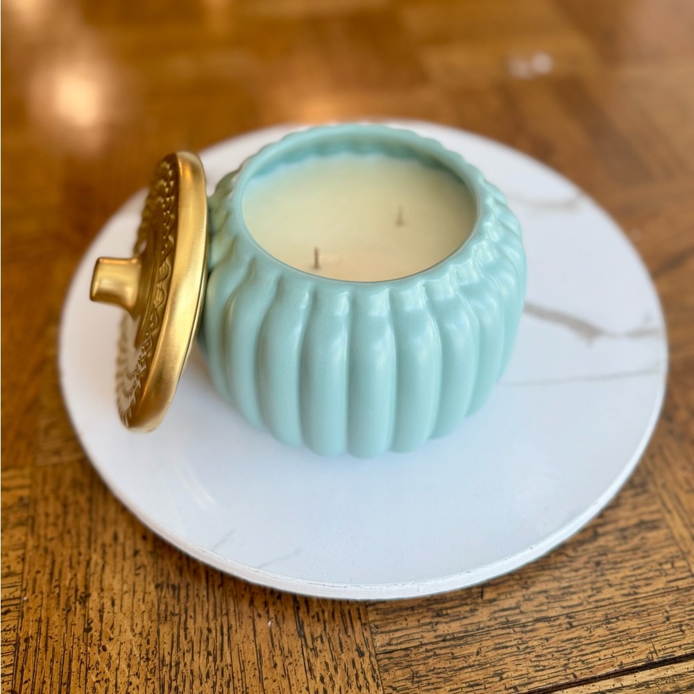 Elegant Blue and Gold Soy Candle Jar